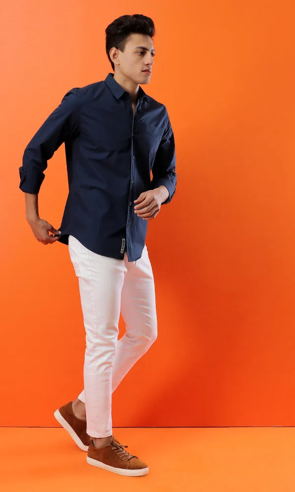 33530 Basic Soild Long Sleeves Petroleum Shirt With Front Pocket
