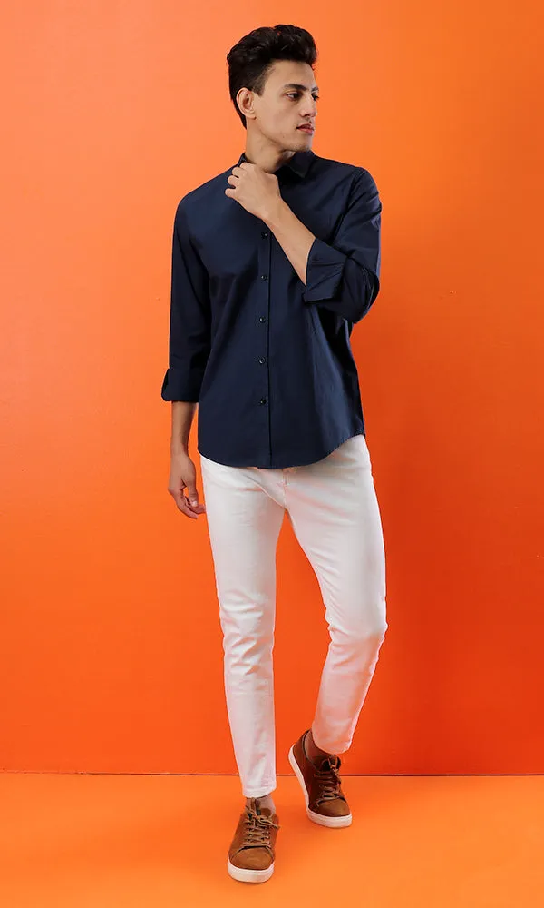 33530 Basic Soild Long Sleeves Petroleum Shirt With Front Pocket
