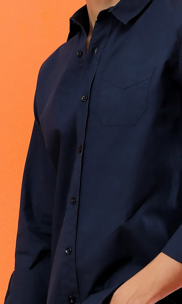 33530 Basic Soild Long Sleeves Petroleum Shirt With Front Pocket