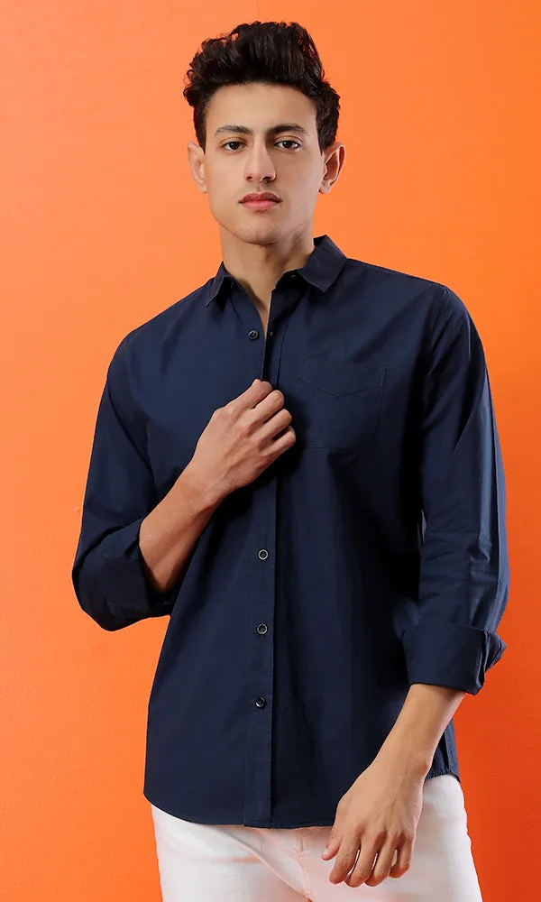 33530 Basic Soild Long Sleeves Petroleum Shirt With Front Pocket