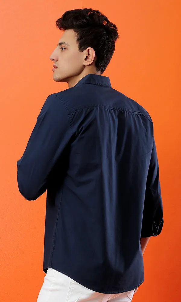 33530 Basic Soild Long Sleeves Petroleum Shirt With Front Pocket