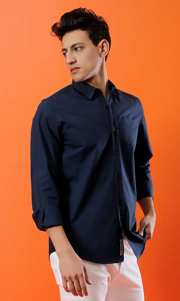 33530 Basic Soild Long Sleeves Petroleum Shirt With Front Pocket