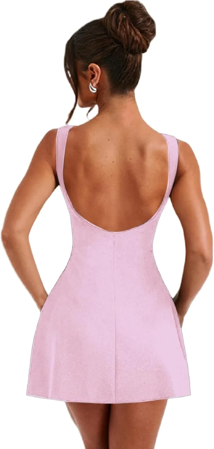 ANKOMINA Women's Elegant Pockets Mini Dress Cap Sleeve Mock Neck Tank Short Dress Bodycon Casual Work Office A Line Dresses