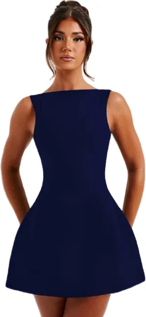 ANKOMINA Women's Elegant Pockets Mini Dress Cap Sleeve Mock Neck Tank Short Dress Bodycon Casual Work Office A Line Dresses
