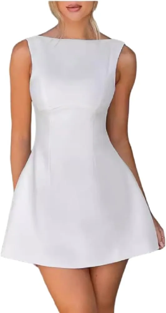 ANKOMINA Women's Elegant Pockets Mini Dress Cap Sleeve Mock Neck Tank Short Dress Bodycon Casual Work Office A Line Dresses