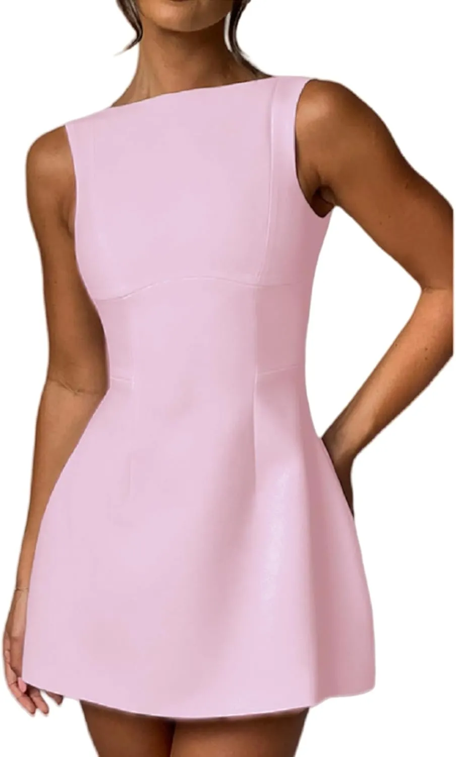ANKOMINA Women's Elegant Pockets Mini Dress Cap Sleeve Mock Neck Tank Short Dress Bodycon Casual Work Office A Line Dresses