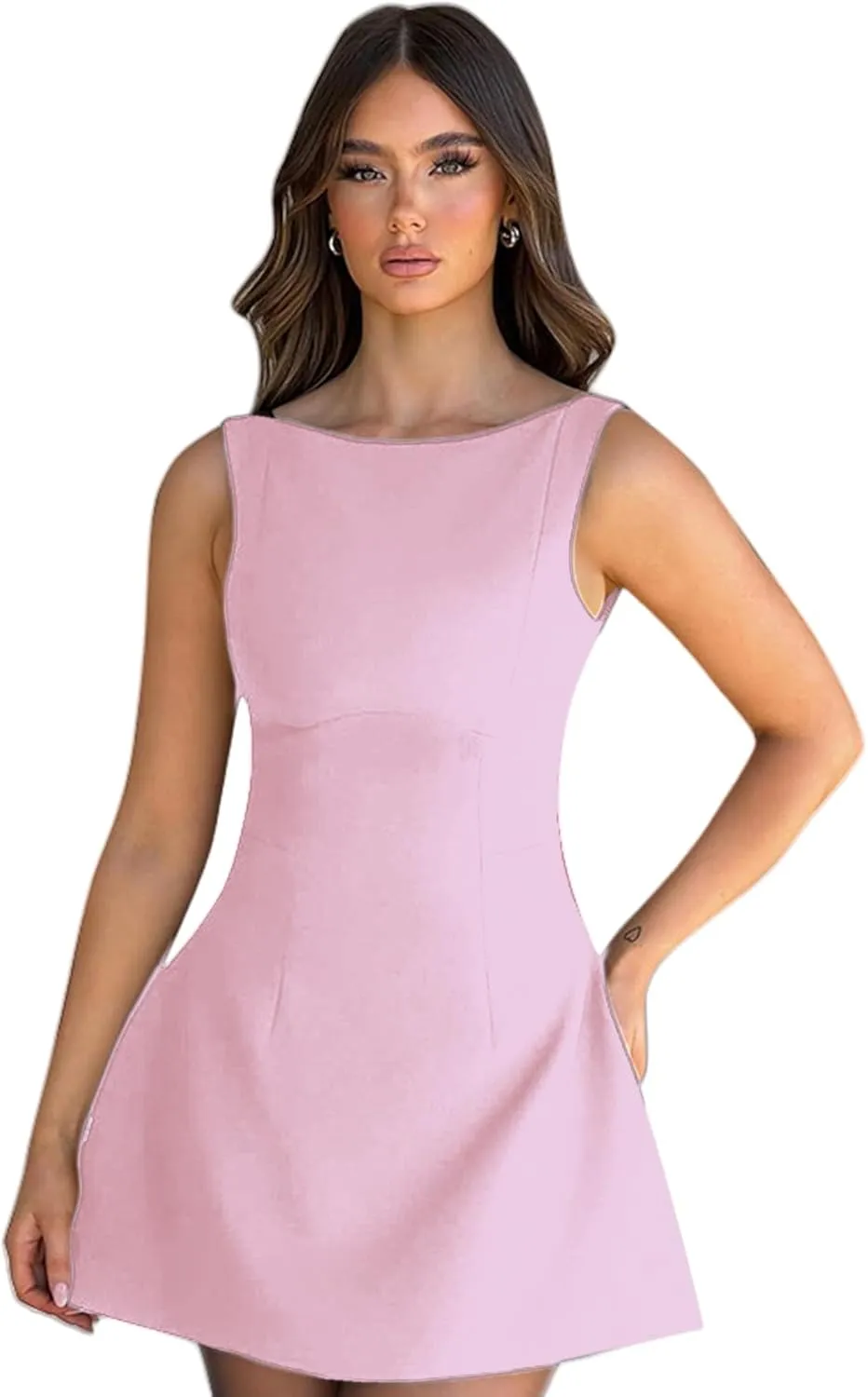 ANKOMINA Women's Elegant Pockets Mini Dress Cap Sleeve Mock Neck Tank Short Dress Bodycon Casual Work Office A Line Dresses