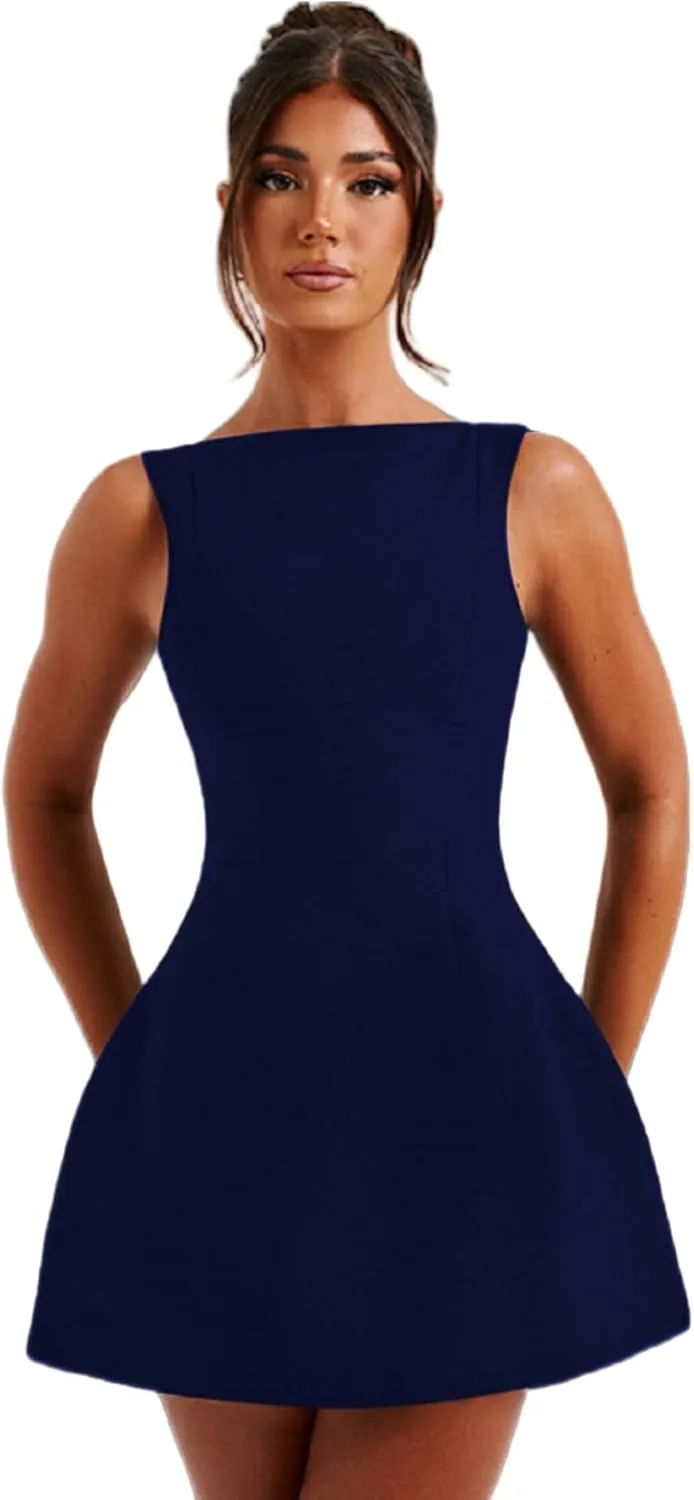 ANKOMINA Women's Elegant Pockets Mini Dress Cap Sleeve Mock Neck Tank Short Dress Bodycon Casual Work Office A Line Dresses