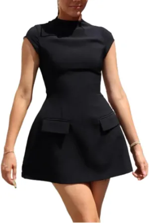 ANKOMINA Women's Elegant Pockets Mini Dress Cap Sleeve Mock Neck Tank Short Dress Bodycon Casual Work Office A Line Dresses