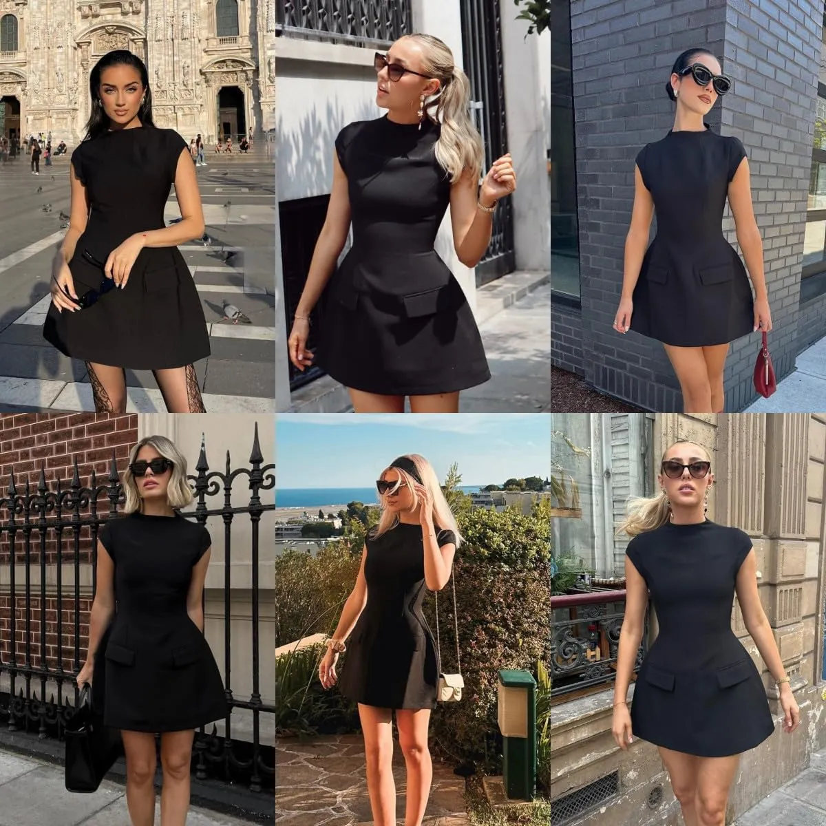 ANKOMINA Women's Elegant Pockets Mini Dress Cap Sleeve Mock Neck Tank Short Dress Bodycon Casual Work Office A Line Dresses