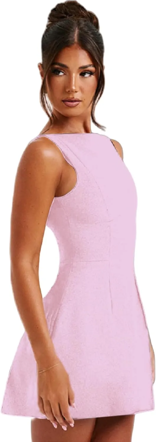 ANKOMINA Women's Elegant Pockets Mini Dress Cap Sleeve Mock Neck Tank Short Dress Bodycon Casual Work Office A Line Dresses
