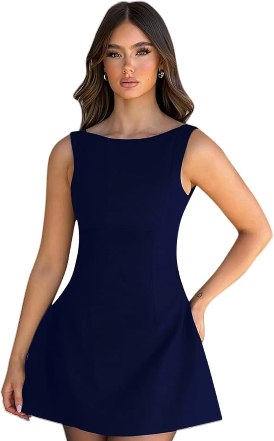ANKOMINA Women's Elegant Pockets Mini Dress Cap Sleeve Mock Neck Tank Short Dress Bodycon Casual Work Office A Line Dresses