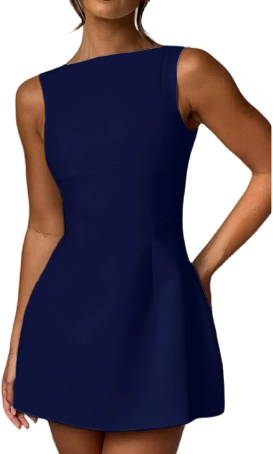 ANKOMINA Women's Elegant Pockets Mini Dress Cap Sleeve Mock Neck Tank Short Dress Bodycon Casual Work Office A Line Dresses