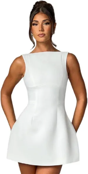 ANKOMINA Women's Elegant Pockets Mini Dress Cap Sleeve Mock Neck Tank Short Dress Bodycon Casual Work Office A Line Dresses