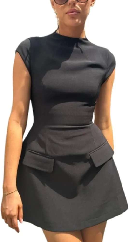 ANKOMINA Women's Elegant Pockets Mini Dress Cap Sleeve Mock Neck Tank Short Dress Bodycon Casual Work Office A Line Dresses