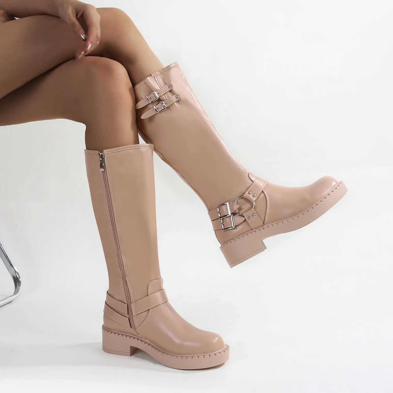 Arya Buckled Faux Leather Knee High Biker Boots