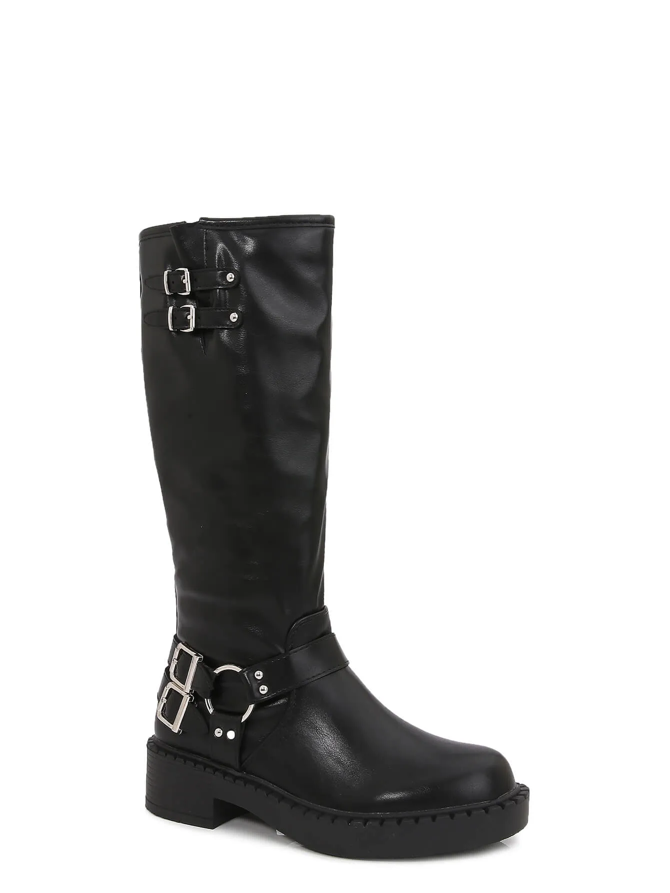 Arya Buckled Faux Leather Knee High Biker Boots