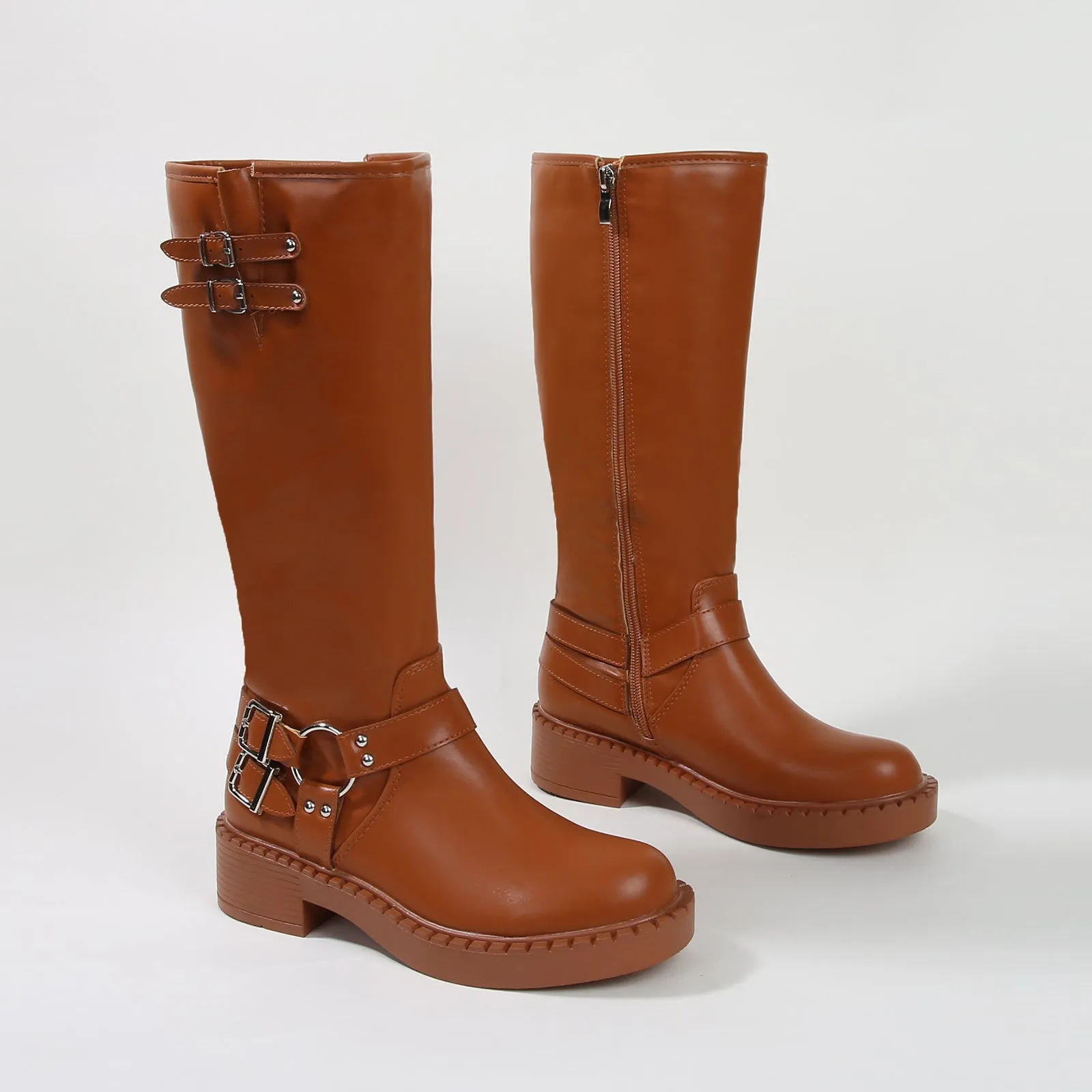 Arya Buckled Faux Leather Knee High Biker Boots