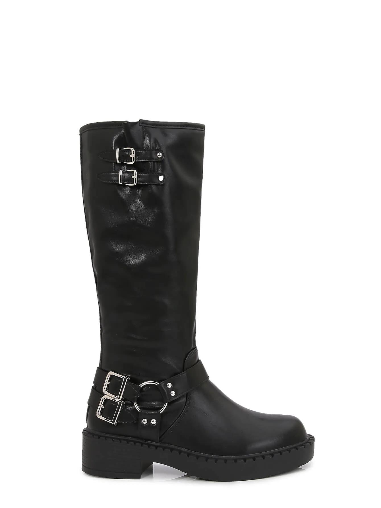 Arya Buckled Faux Leather Knee High Biker Boots