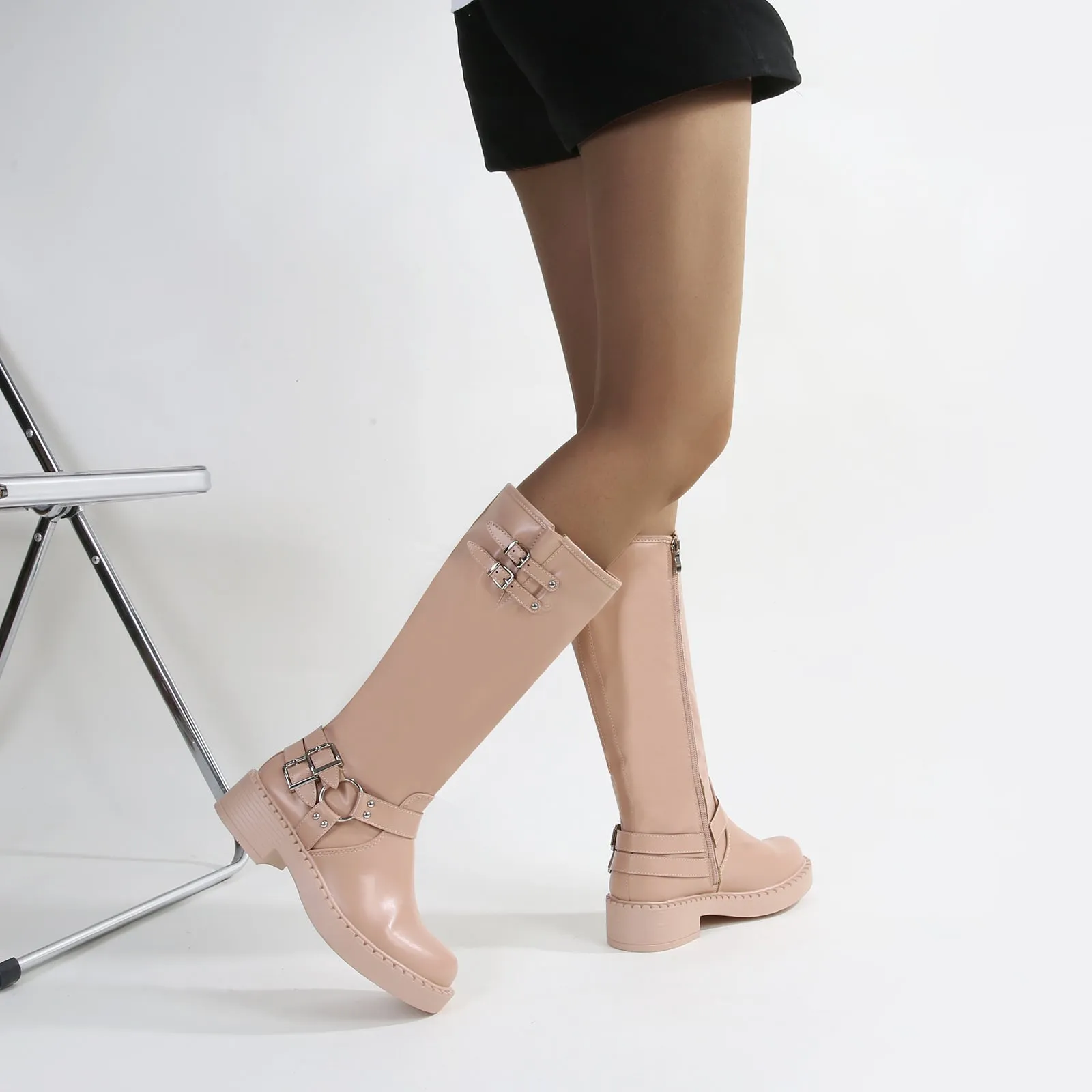 Arya Buckled Faux Leather Knee High Biker Boots