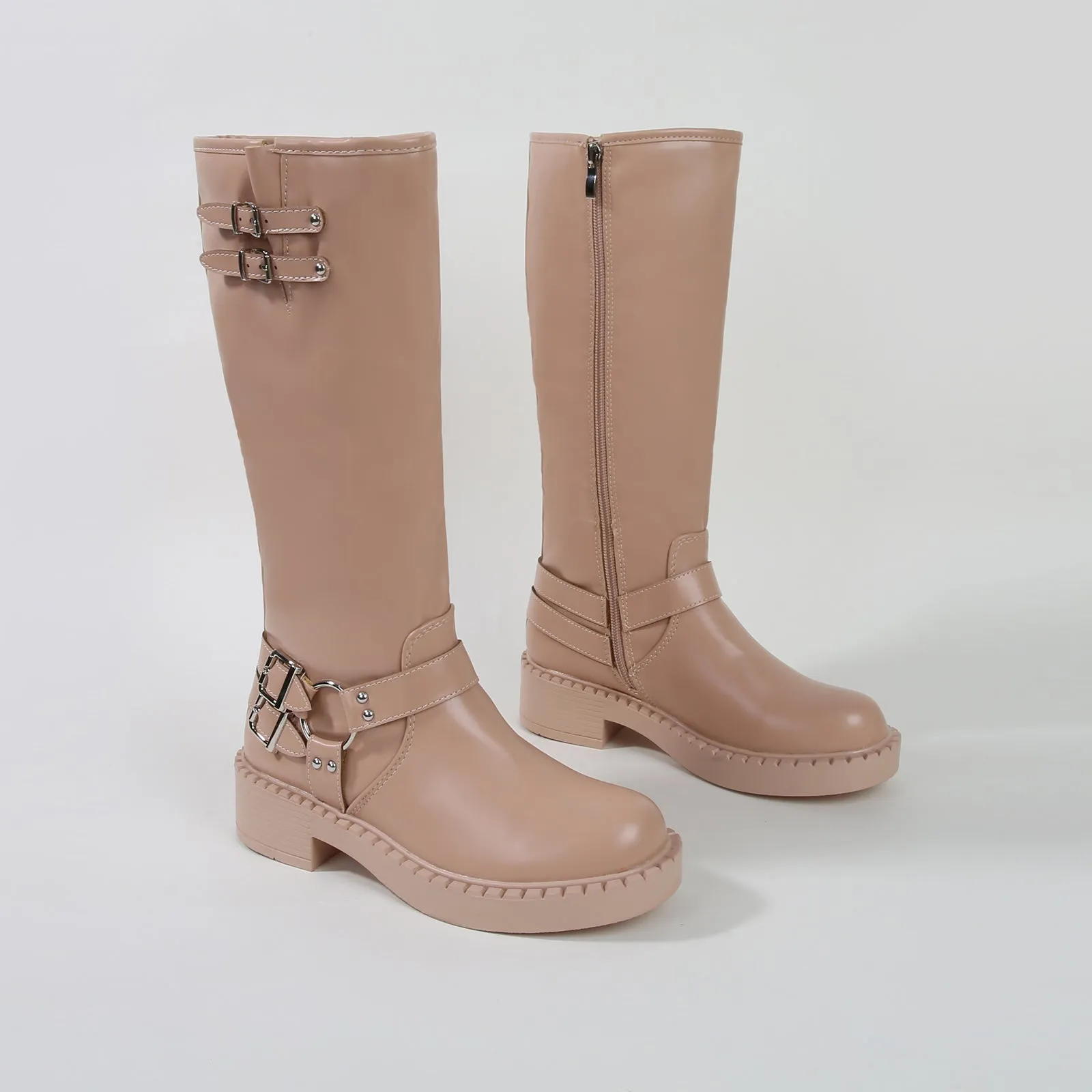 Arya Buckled Faux Leather Knee High Biker Boots