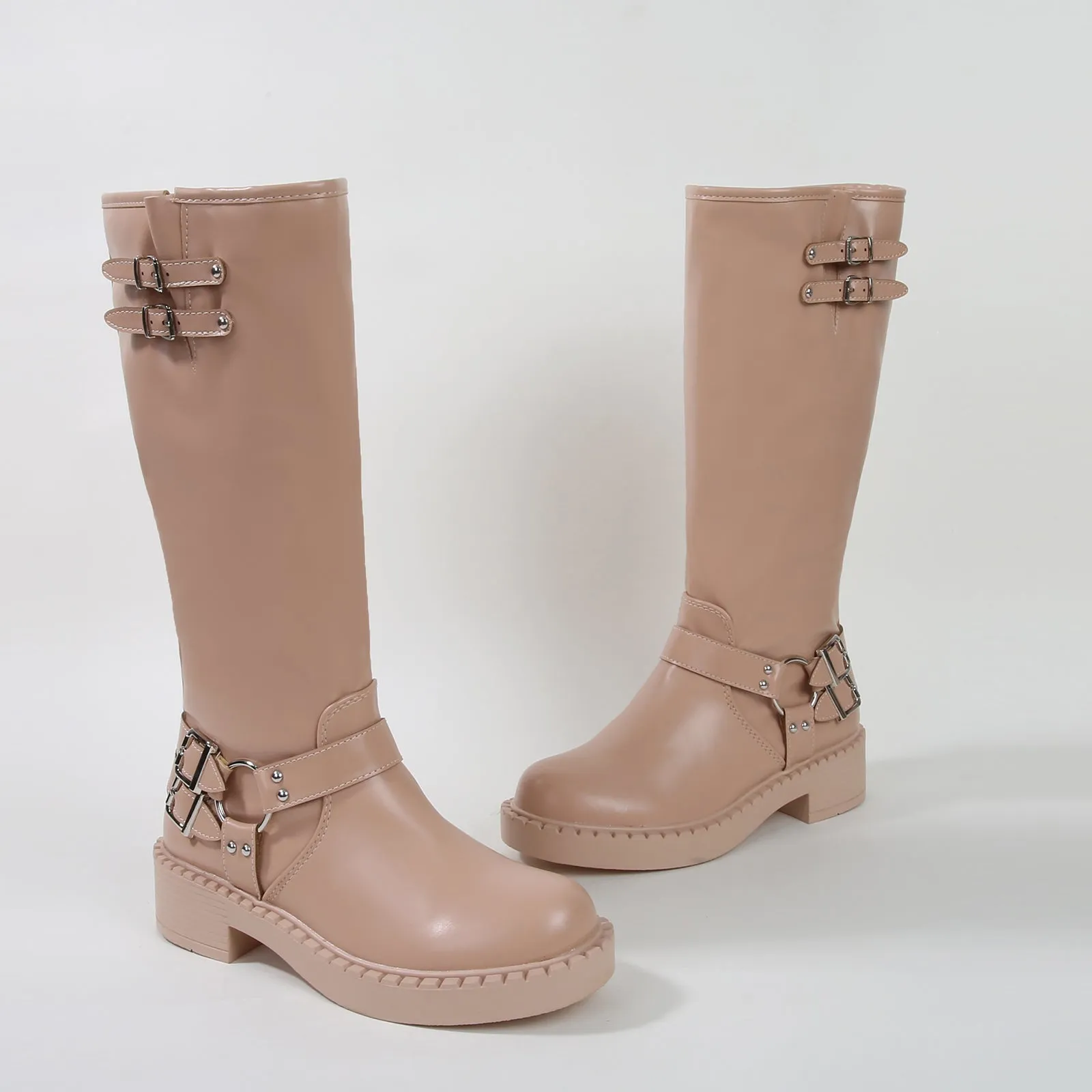 Arya Buckled Faux Leather Knee High Biker Boots