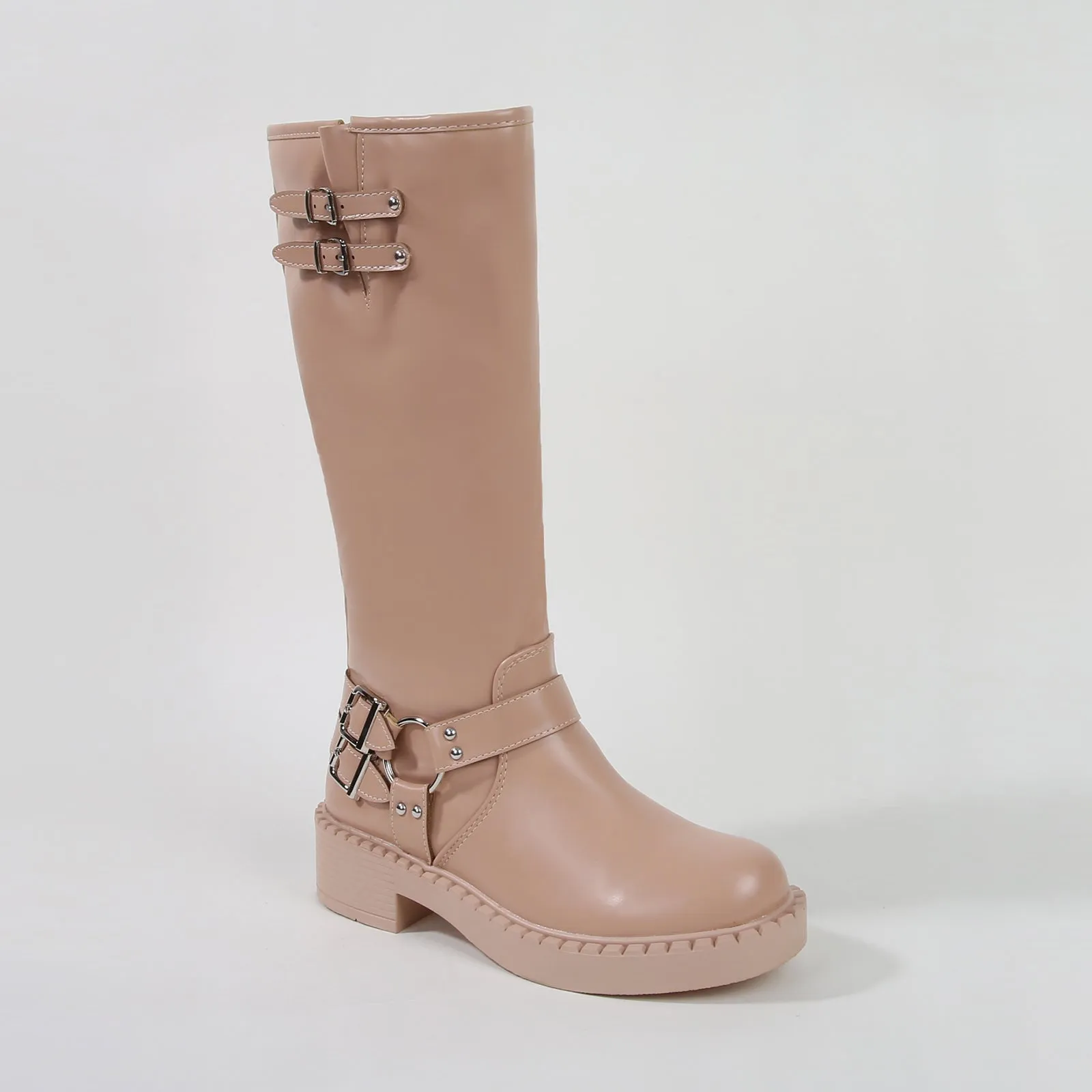 Arya Buckled Faux Leather Knee High Biker Boots