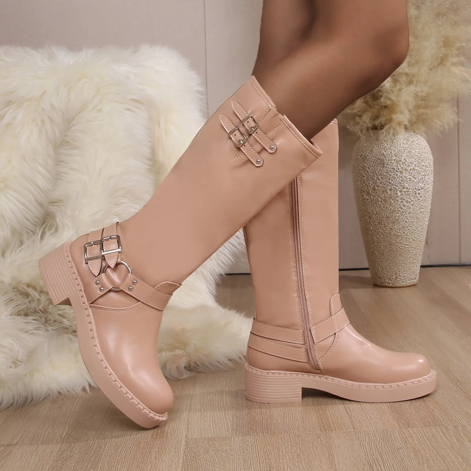 Arya Buckled Faux Leather Knee High Biker Boots