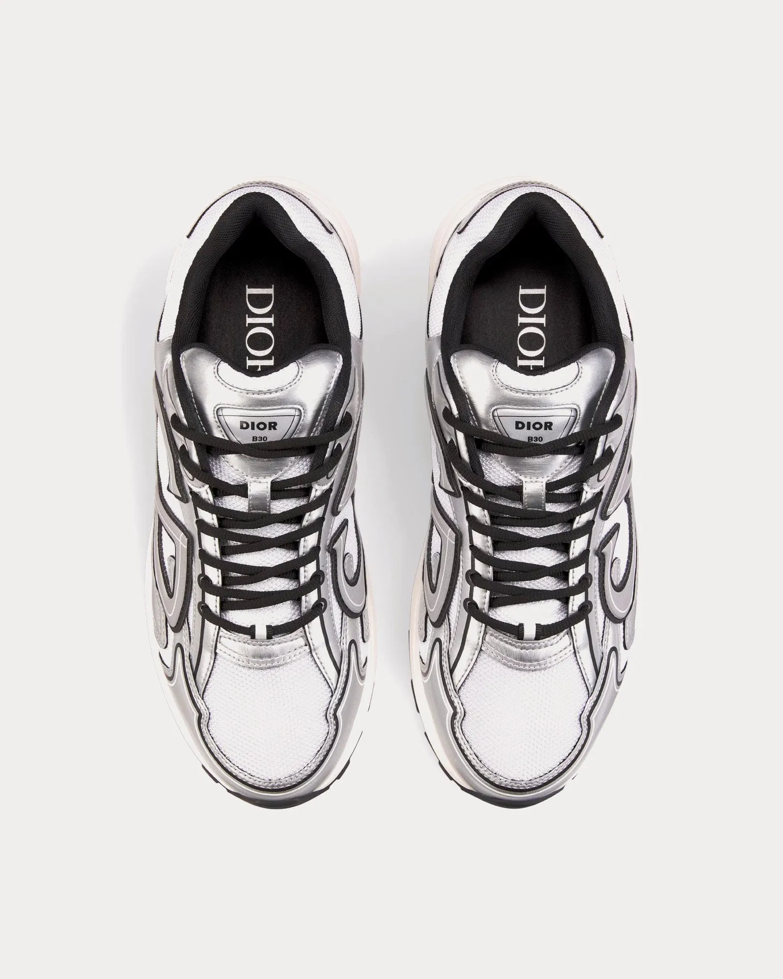 B30 White Mesh and Silver-Tone Metallic Calfskin Low Top Sneakers