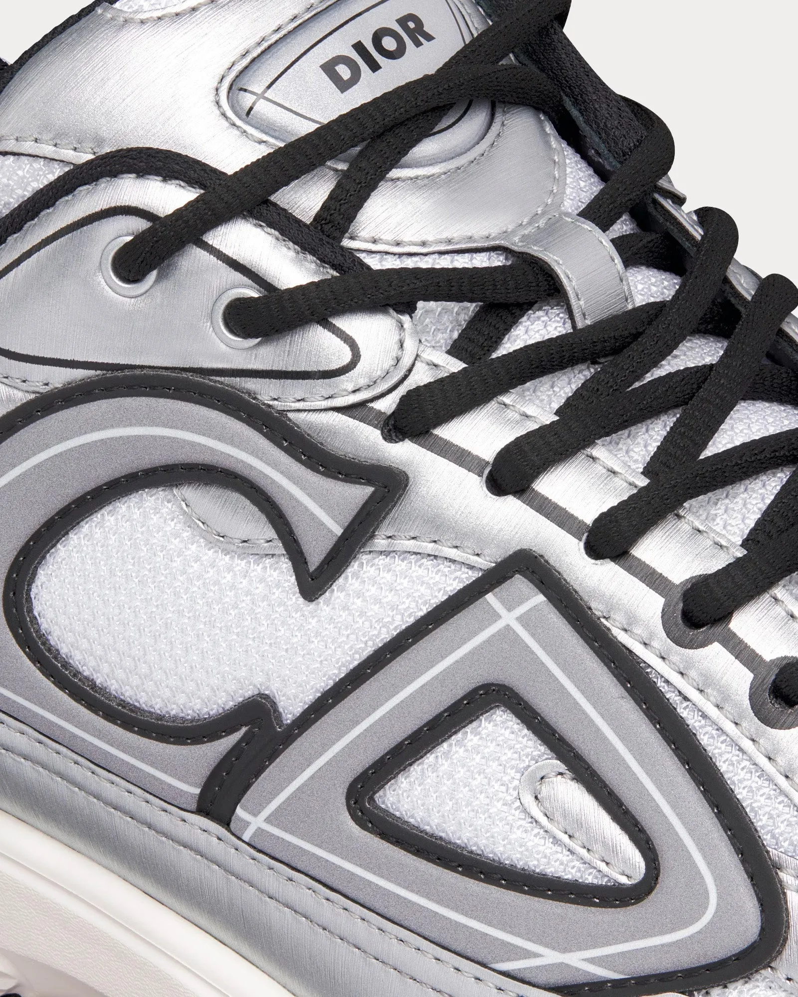B30 White Mesh and Silver-Tone Metallic Calfskin Low Top Sneakers