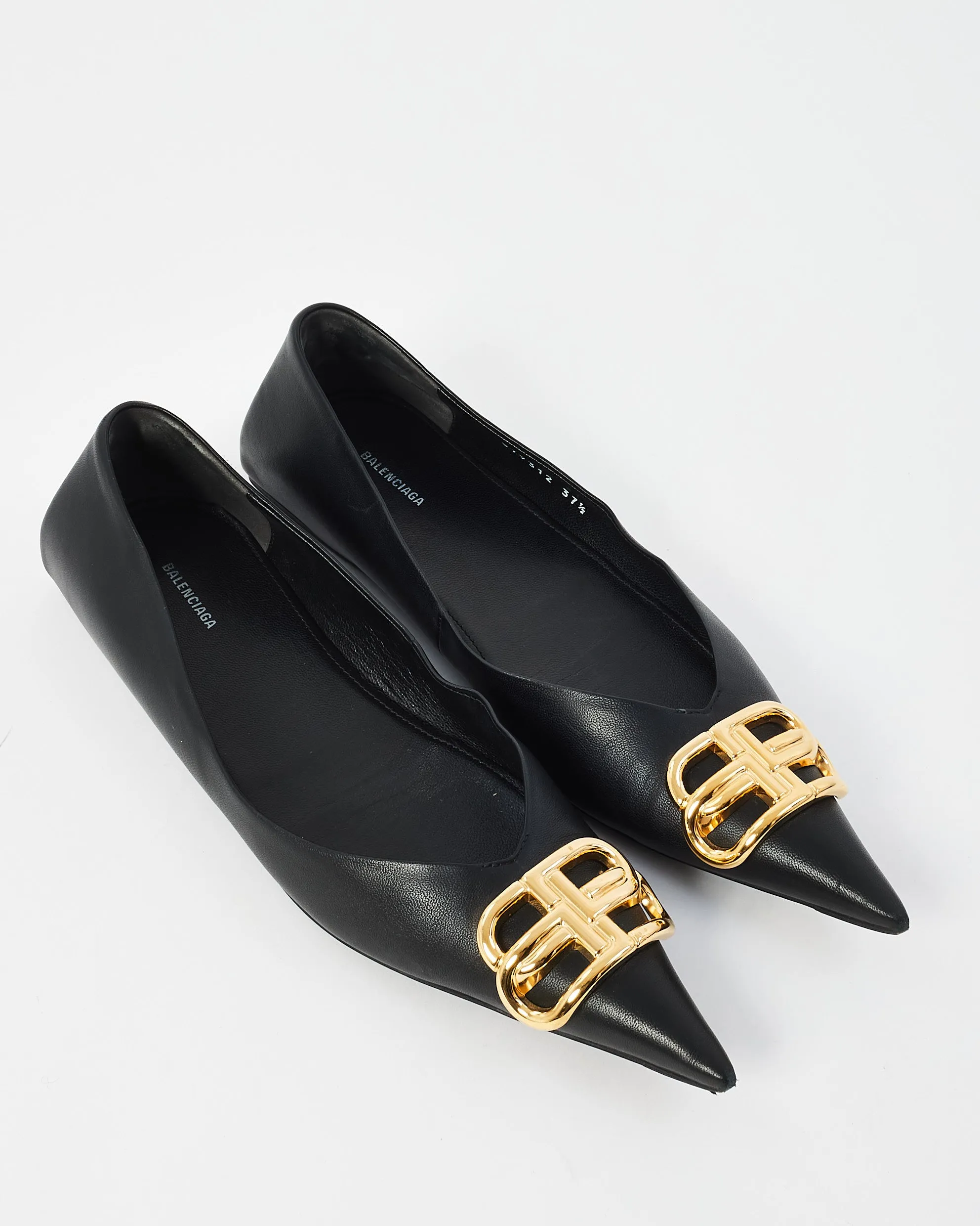 Balenciaga Black Leather Square Knife Gold Logo Flats - 37.5