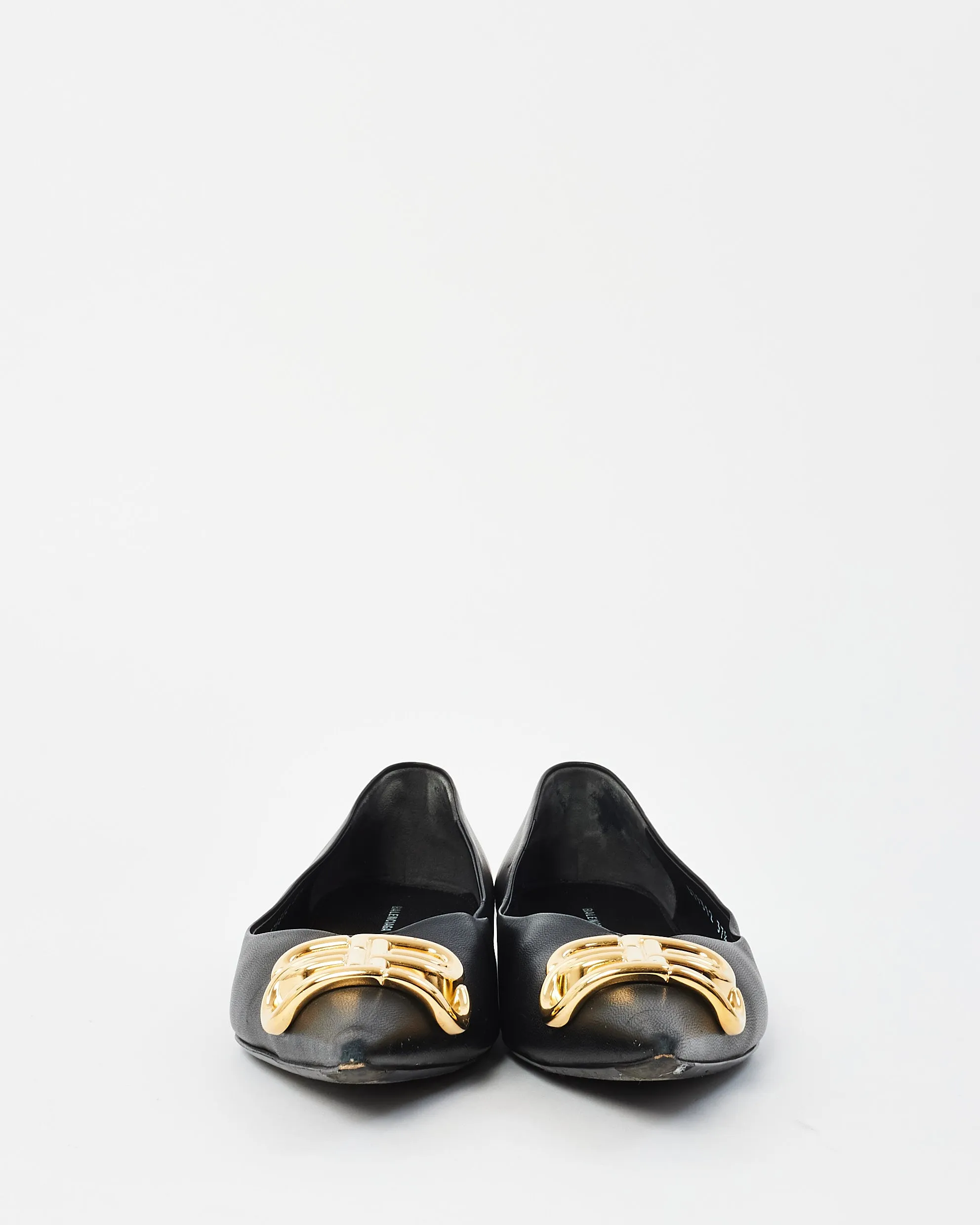 Balenciaga Black Leather Square Knife Gold Logo Flats - 37.5