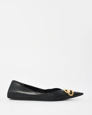 Balenciaga Black Leather Square Knife Gold Logo Flats - 37.5