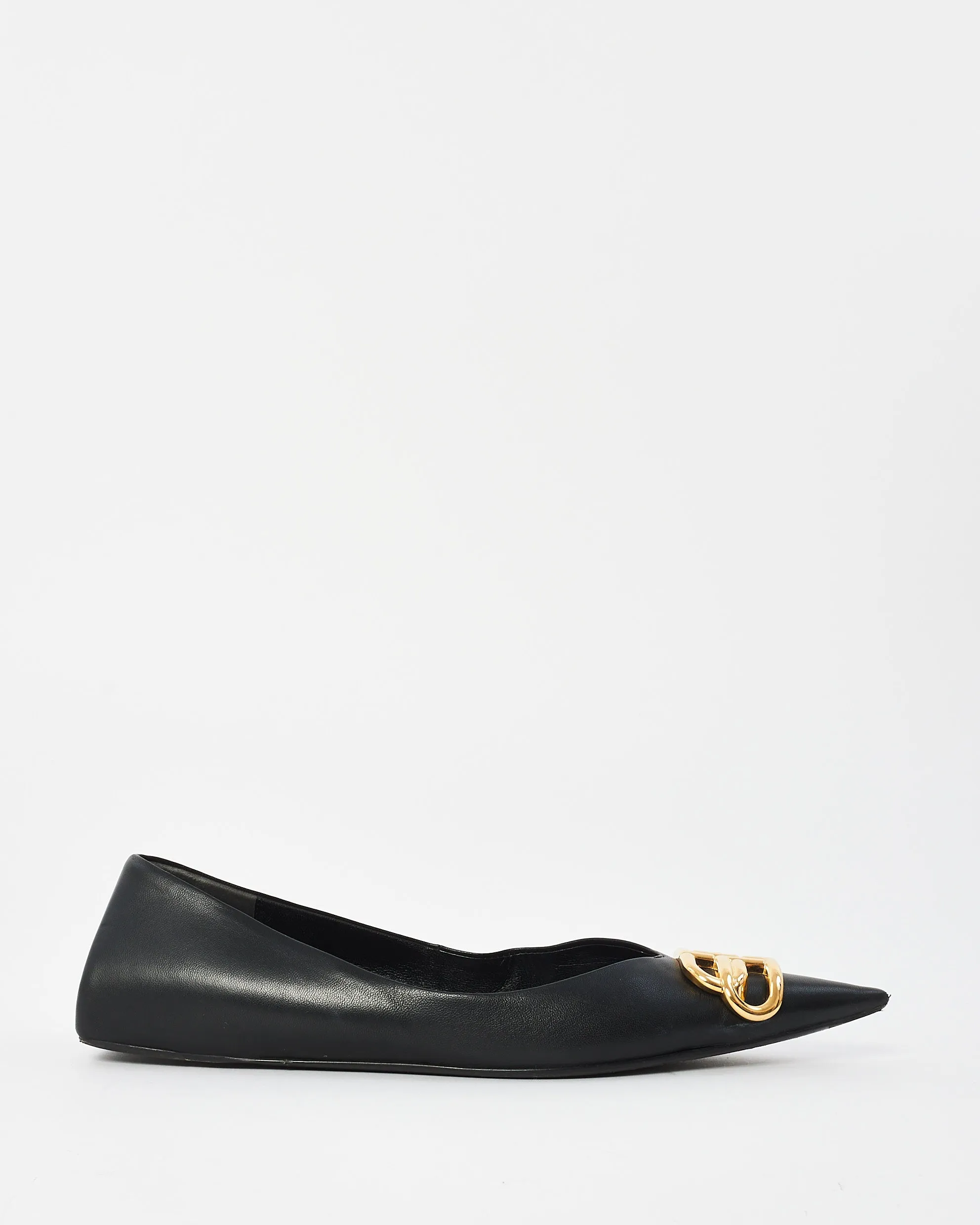 Balenciaga Black Leather Square Knife Gold Logo Flats - 37.5