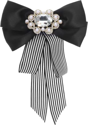 Big Bow Tie Ribbon Brooch Rhinestone Girl Bowknot Bow Tie Suit Shirt Tie Pins Necktie Jabot Collar for Women Uniform (Black White)