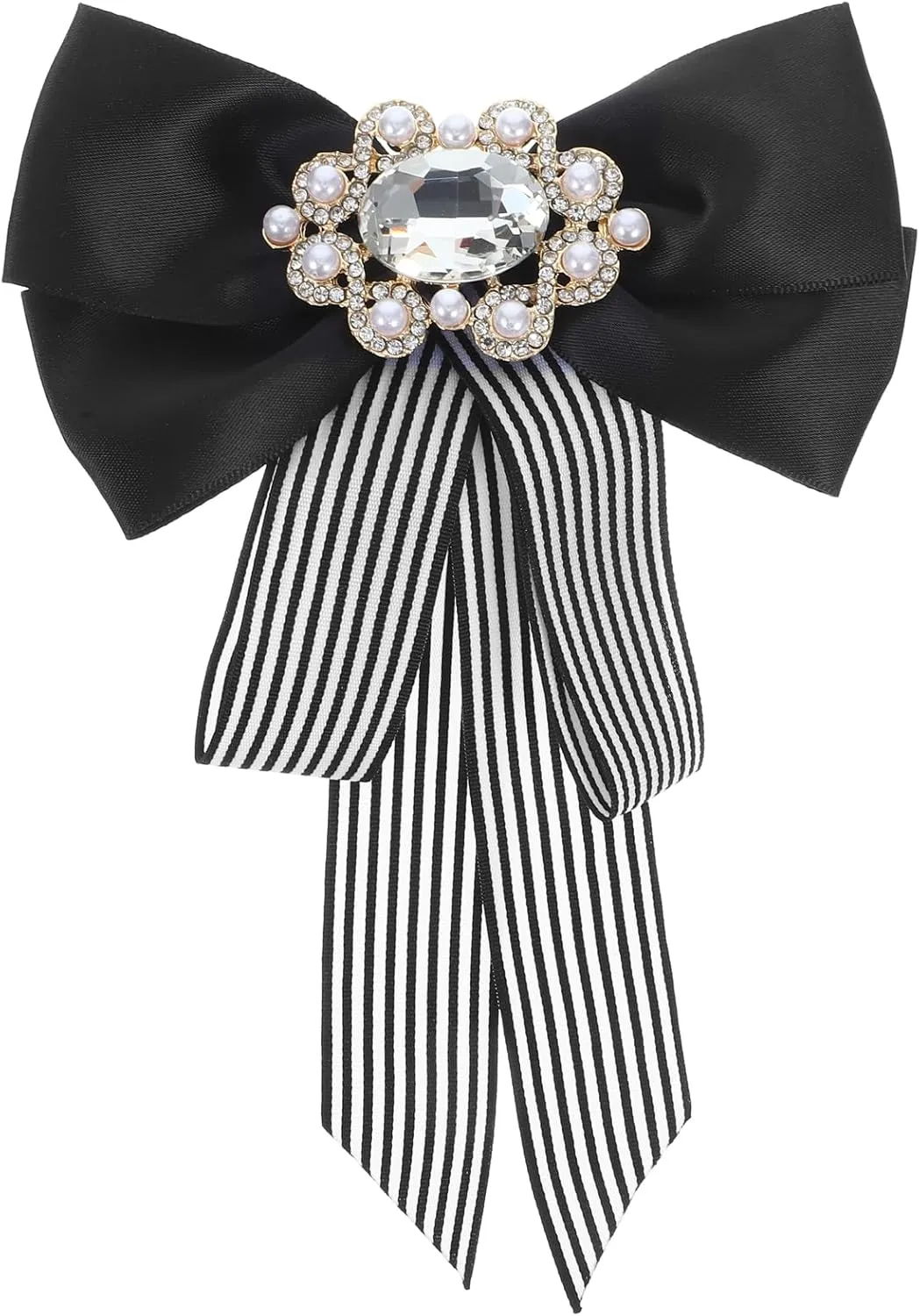Big Bow Tie Ribbon Brooch Rhinestone Girl Bowknot Bow Tie Suit Shirt Tie Pins Necktie Jabot Collar for Women Uniform (Black White)