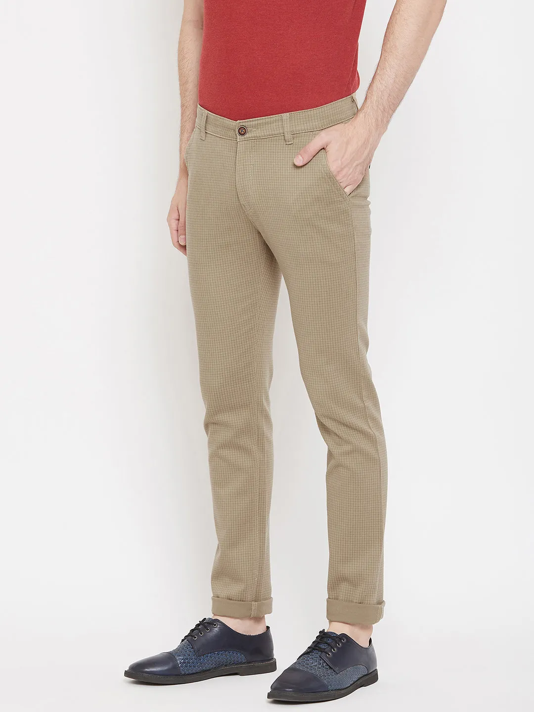 Brown Checked Slim Fit Trousers
