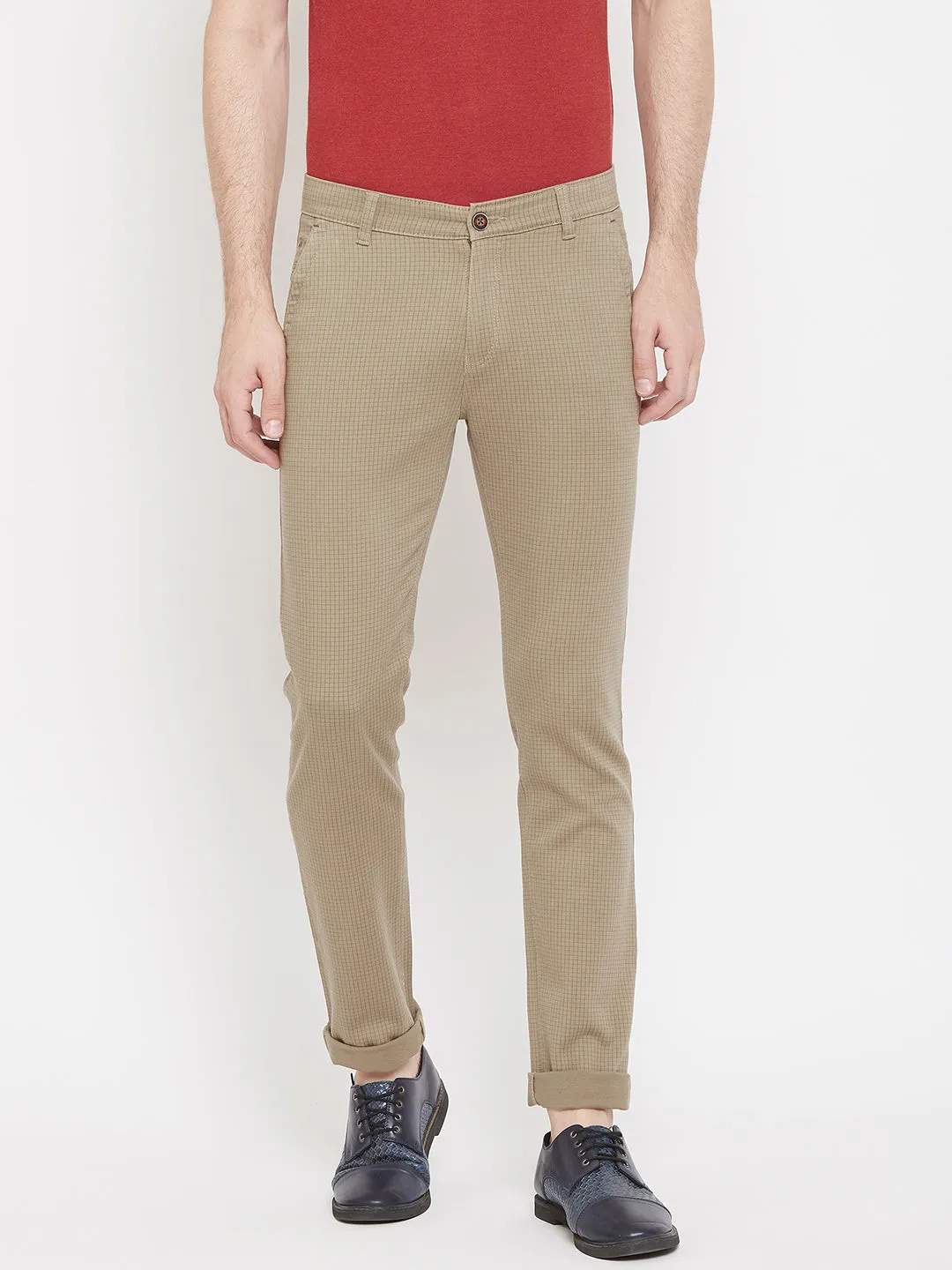 Brown Checked Slim Fit Trousers