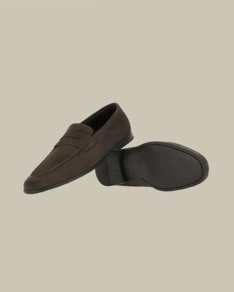 Brown Suede Penny Loafer With Leather Sole