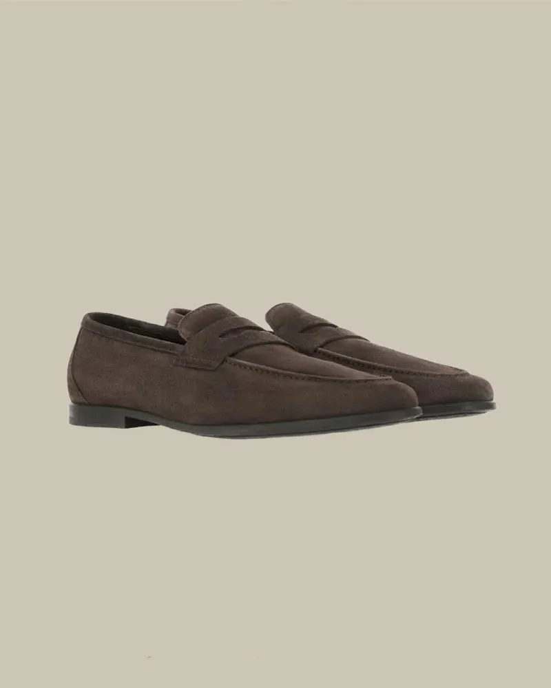 Brown Suede Penny Loafer With Leather Sole