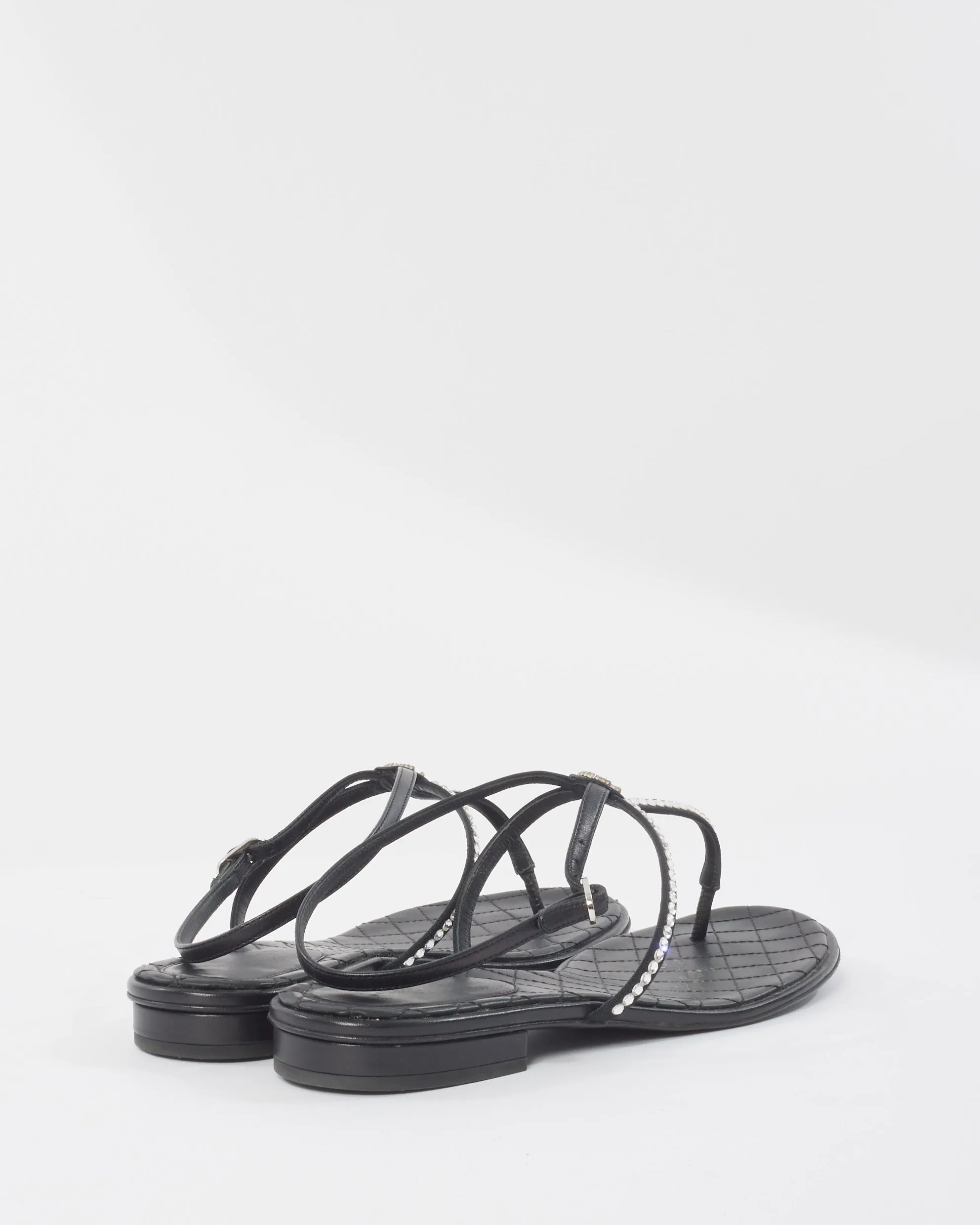 Chanel Black & Rhinestone Logo Thong Strappy Sandals - 40