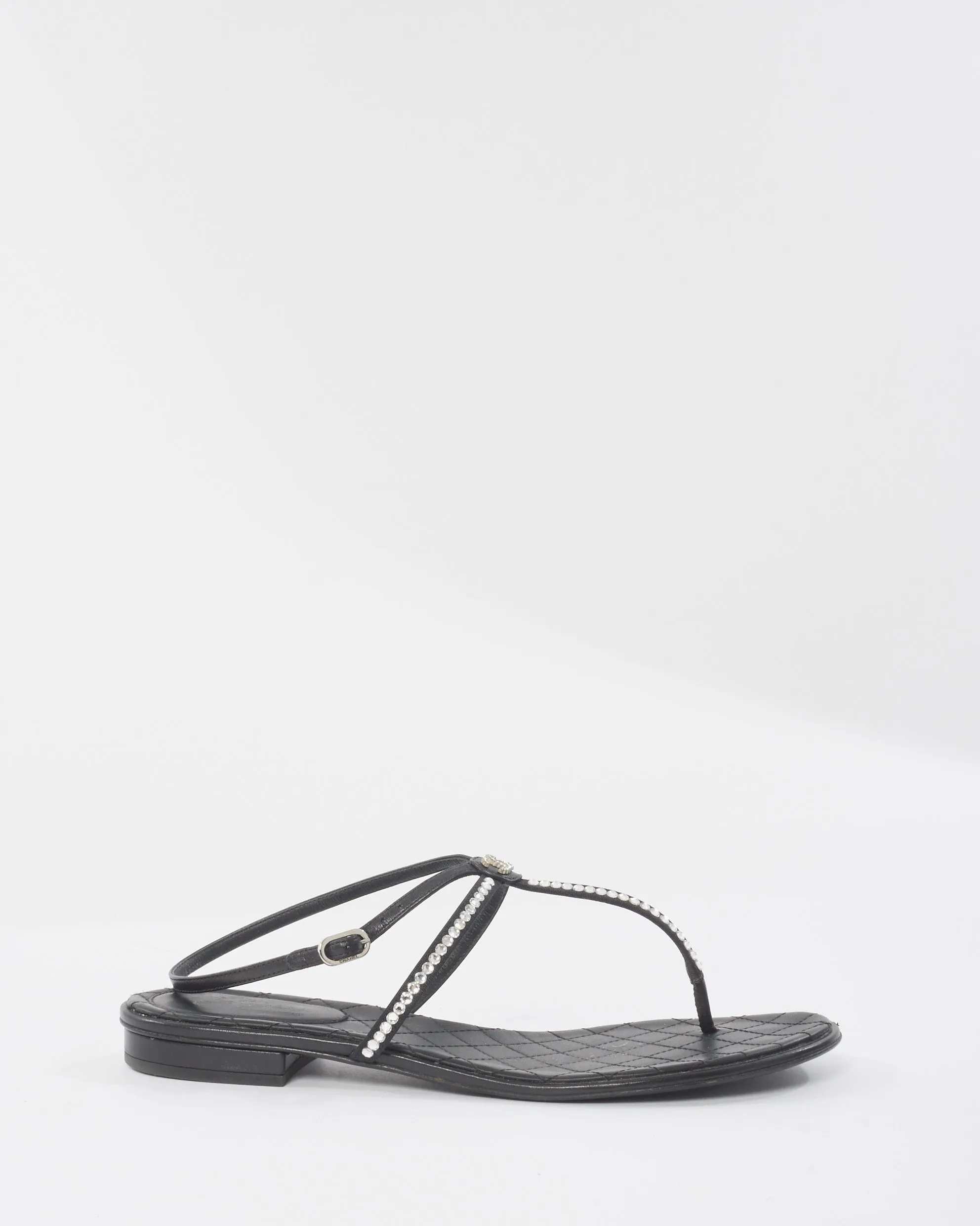 Chanel Black & Rhinestone Logo Thong Strappy Sandals - 40