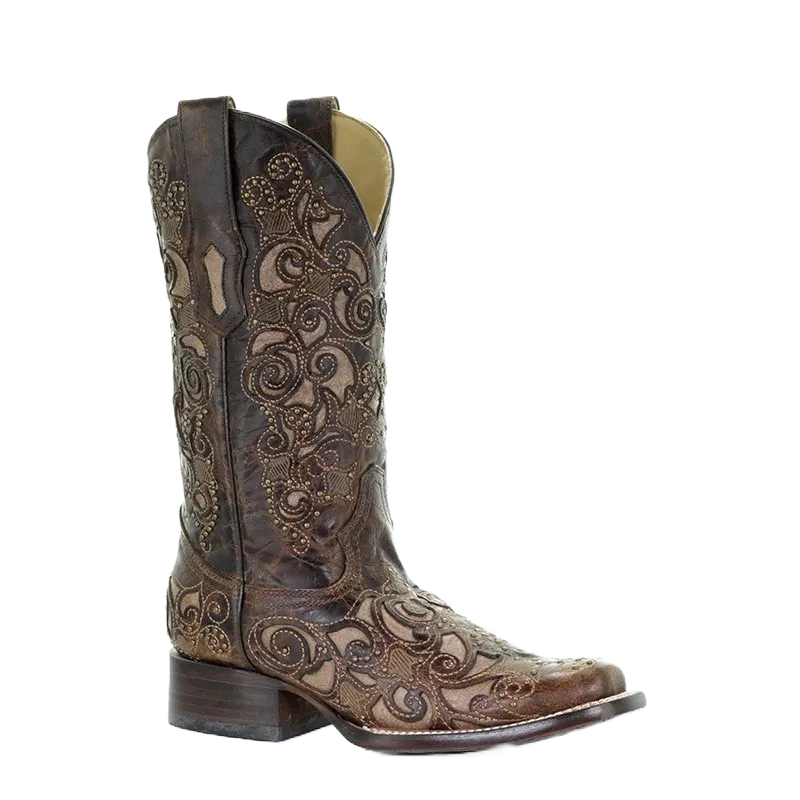 Corral Ladies Brown Inlay, Studs & Embroidery Boots A3326