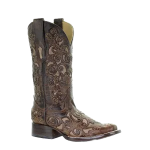 Corral Ladies Brown Inlay, Studs & Embroidery Boots A3326
