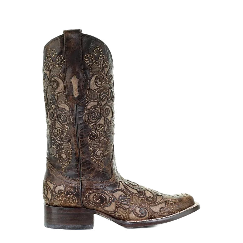 Corral Ladies Brown Inlay, Studs & Embroidery Boots A3326