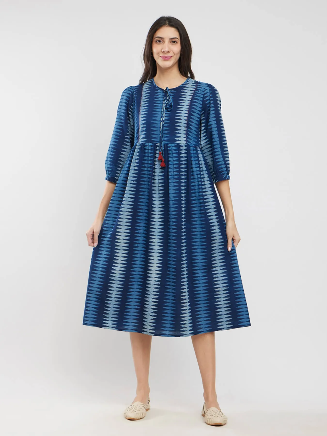 Cotton Dabu Geometric Tie-Up Dress - Indigo