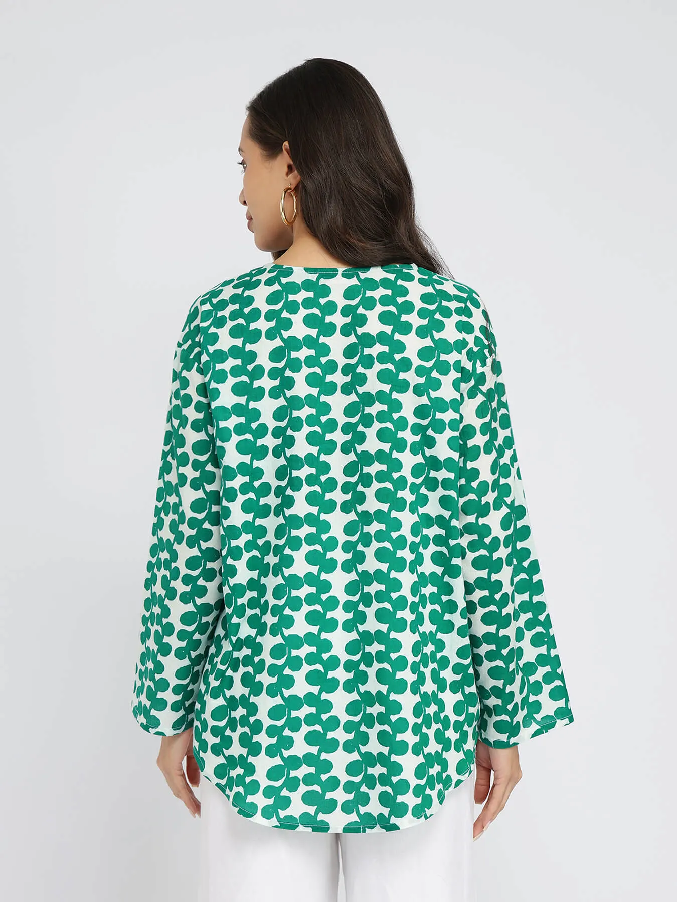 Cotton Floral Relaxed Top - Green & White