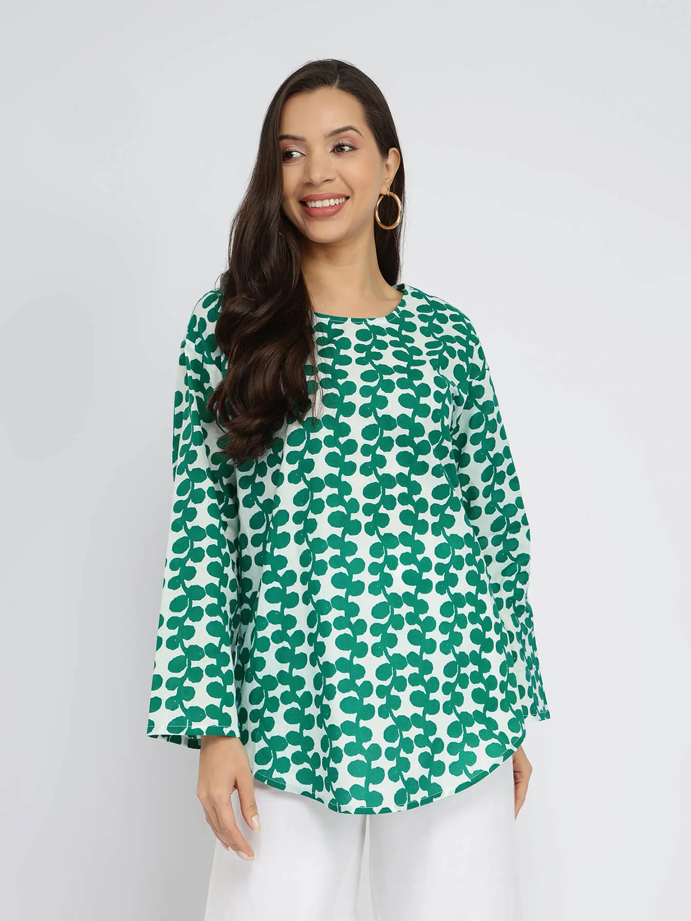 Cotton Floral Relaxed Top - Green & White