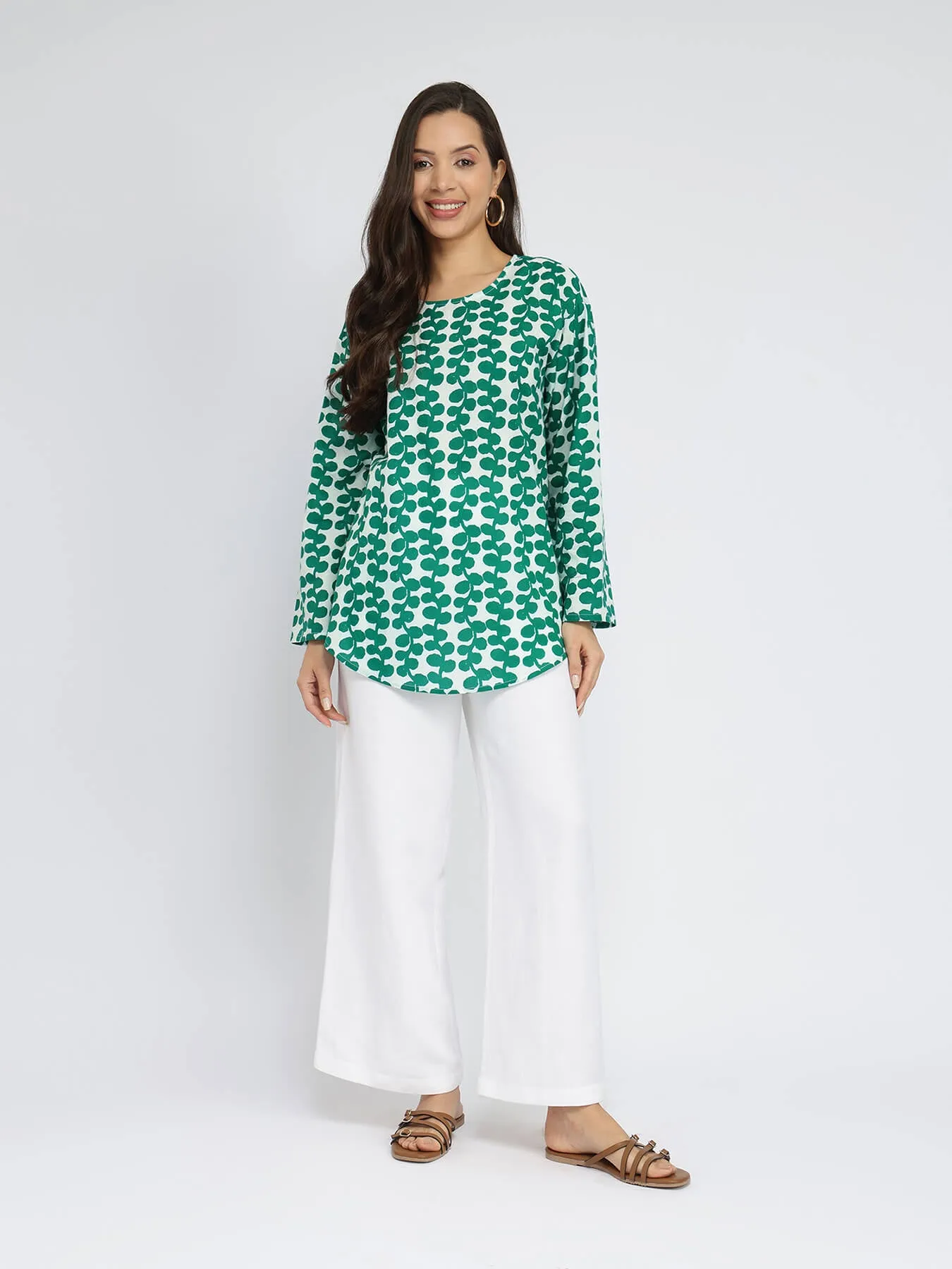 Cotton Floral Relaxed Top - Green & White