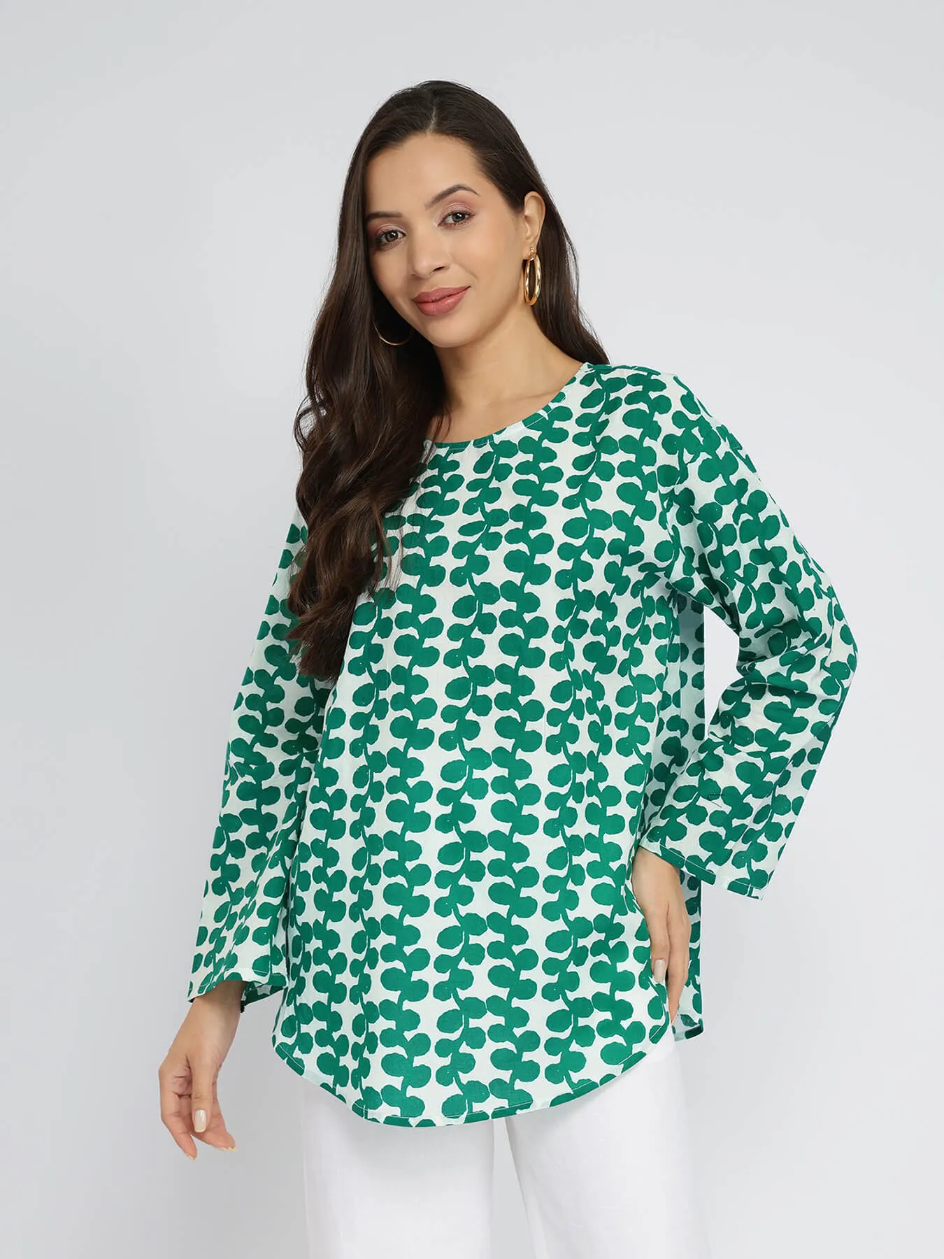 Cotton Floral Relaxed Top - Green & White